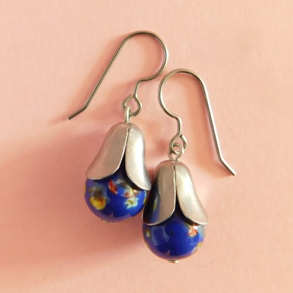 Retro Blue Millefiori Drop Earrings, Tombo Bead Jewelry 7 Retro Blue Glass Millefiori Drop Earrings