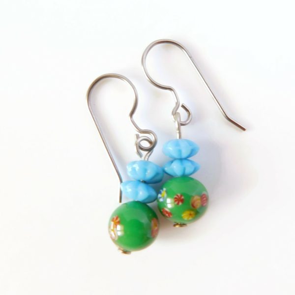 Green and Blue Millefiori Glass Bead Earrings