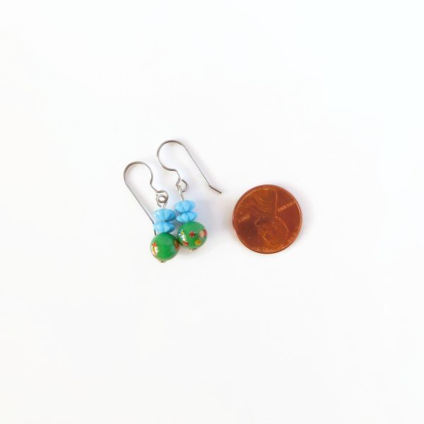 Green and Blue Millefiori Glass Bead Earrings with penny for scale