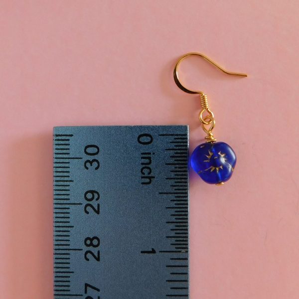 Pansy Earrings, Czech Glass, Blue Flower Jewelry 9 Blue Czech Glass Pansy Flower Drop Earrings with ruler for scale