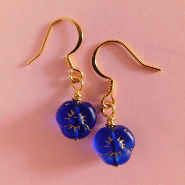 Pansy Earrings, Czech Glass, Blue Flower Jewelry 7 Blue Czech Glass Pansy Flower Drop Earrings