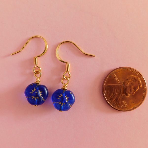 Pansy Earrings, Czech Glass, Blue Flower Jewelry 8 Blue Czech Glass Pansy Flower Drop Earrings with penny for scale