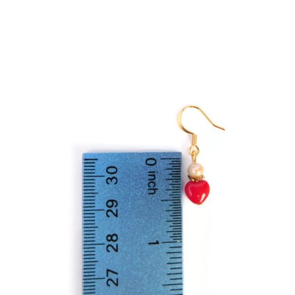 Red Heart Earrings, Small Drop, Czech Glass Jewelry 9 red heart earrings with ruler for scale