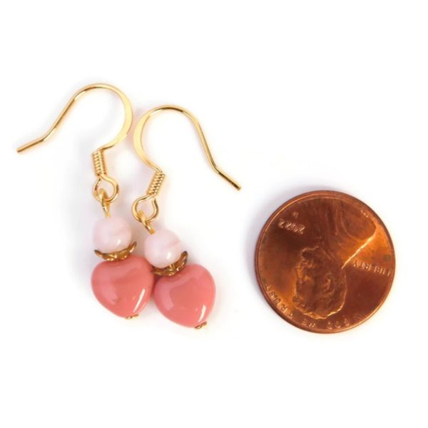 pink heart earrings with penny for scale