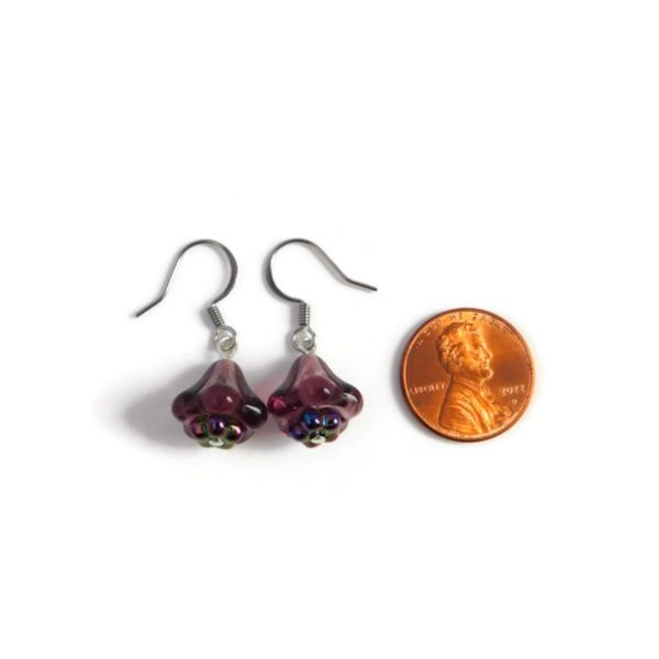 Purple Bell Flower Earrings with penny for scale