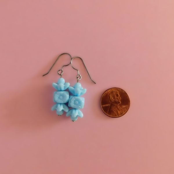 Light Blue Flower Bead Earrings, Czech Glass Jewelry 8 blue flower earrings with penny for scale