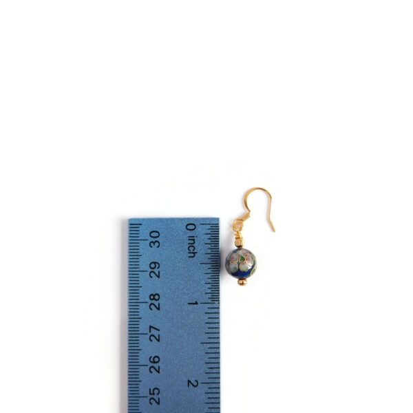 blue cloisonne earrings with ruler for scale