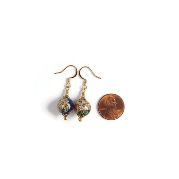 blue tensha bead earrings with penny for scale