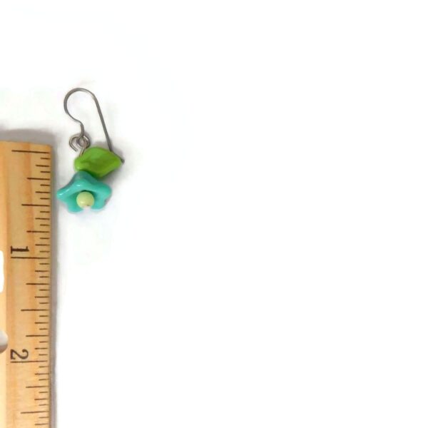 Colorful Green Glass Flower Earrings, Floral Jewelry 9 Green Flower Earrings with ruler for scale