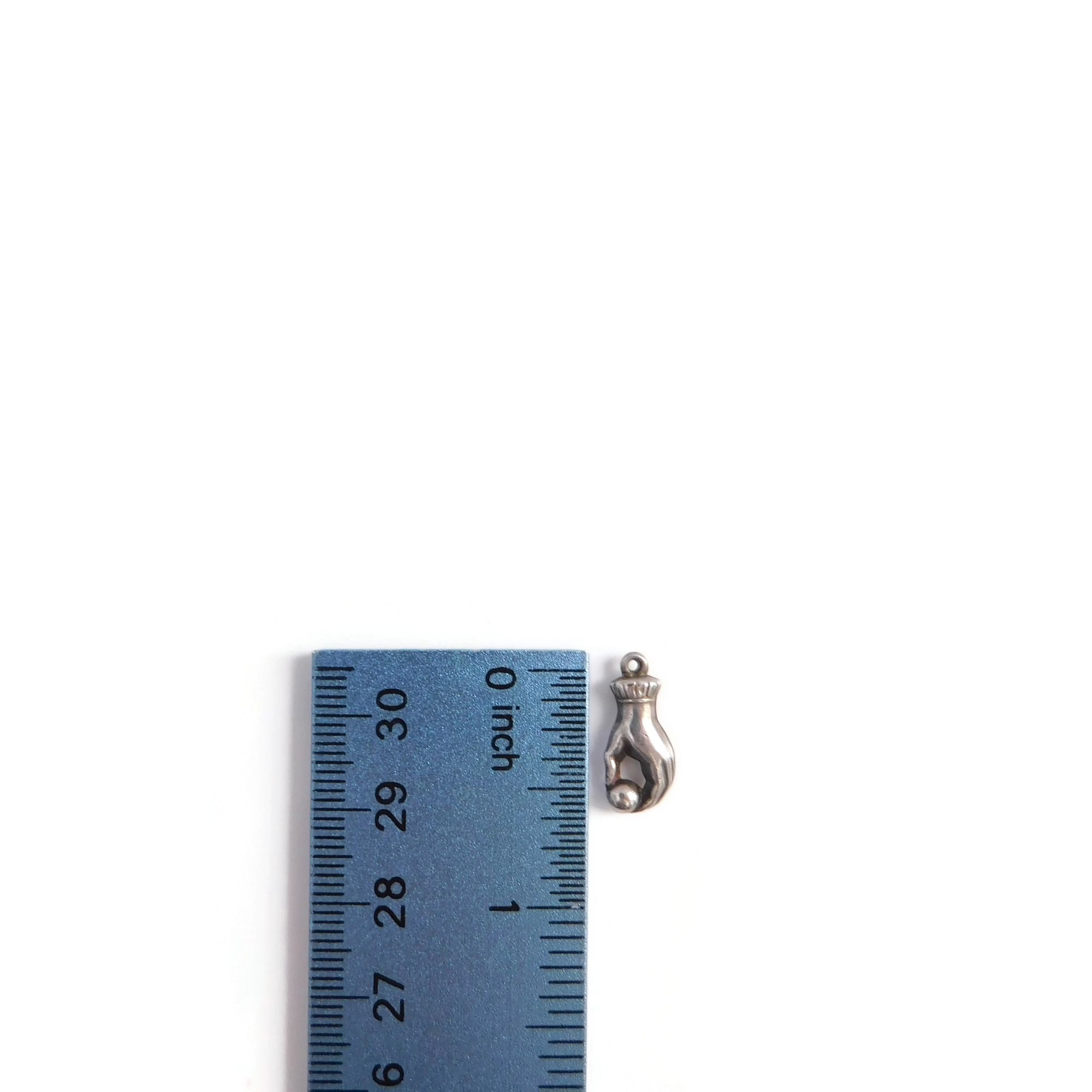 Vintage Silver Charm, Hand Holding Ball 5 hand charm with ruler for scale