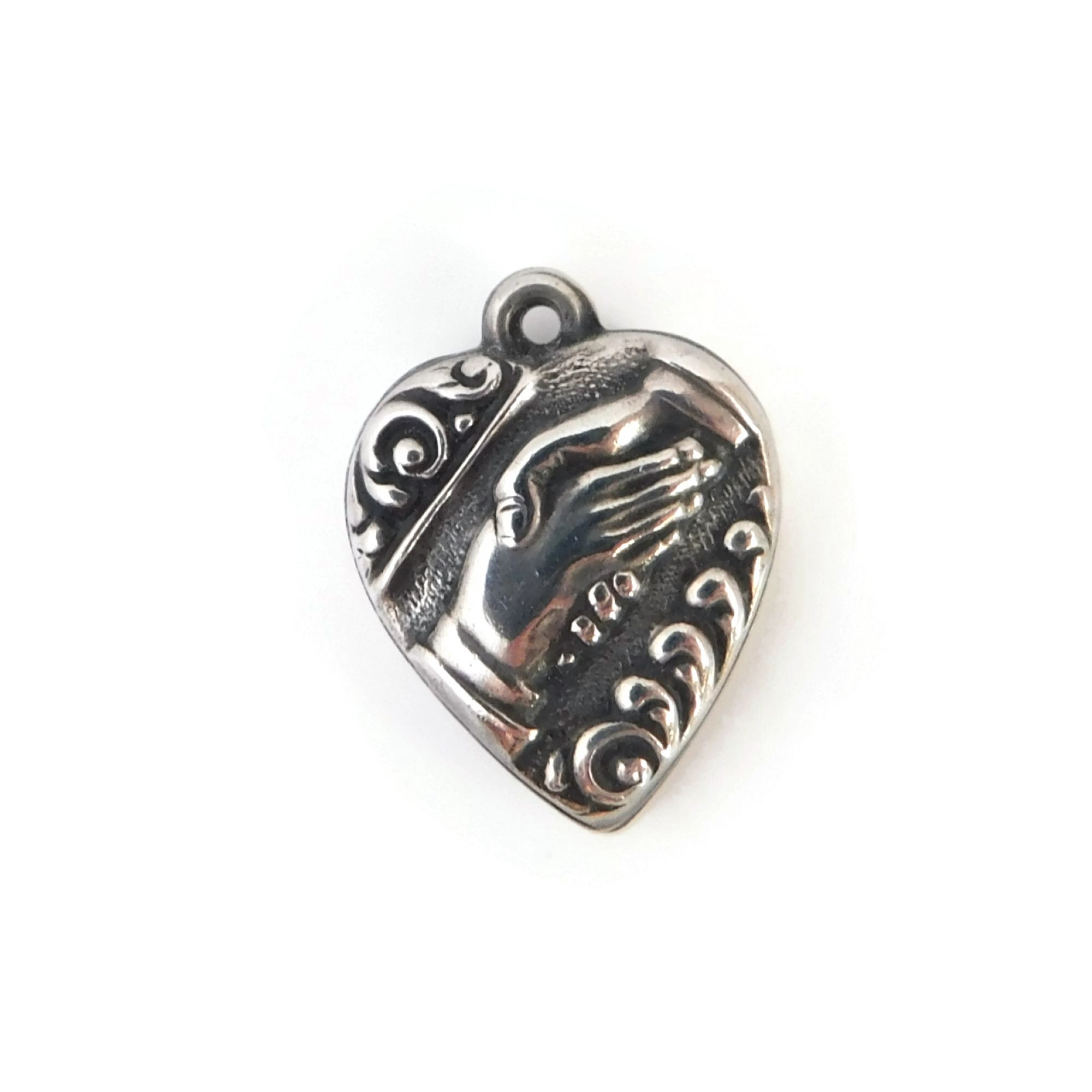 Vintage Sterling Silver Puffy Heart Charm, Holding Hands 2 heart charm holding hands