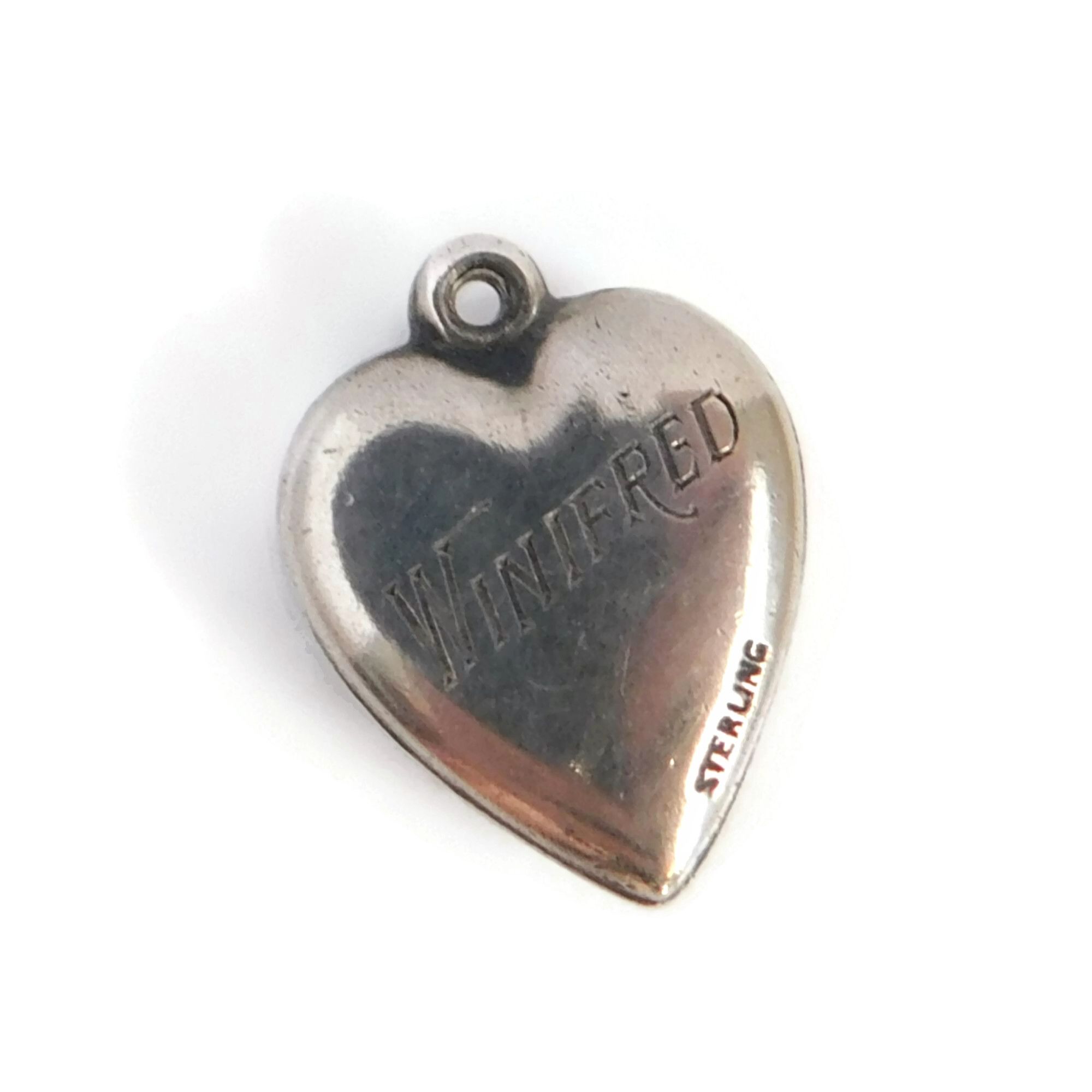 Vintage Sterling Silver Puffy Heart Charm, Holding Hands 4 back of heart charm holding hands