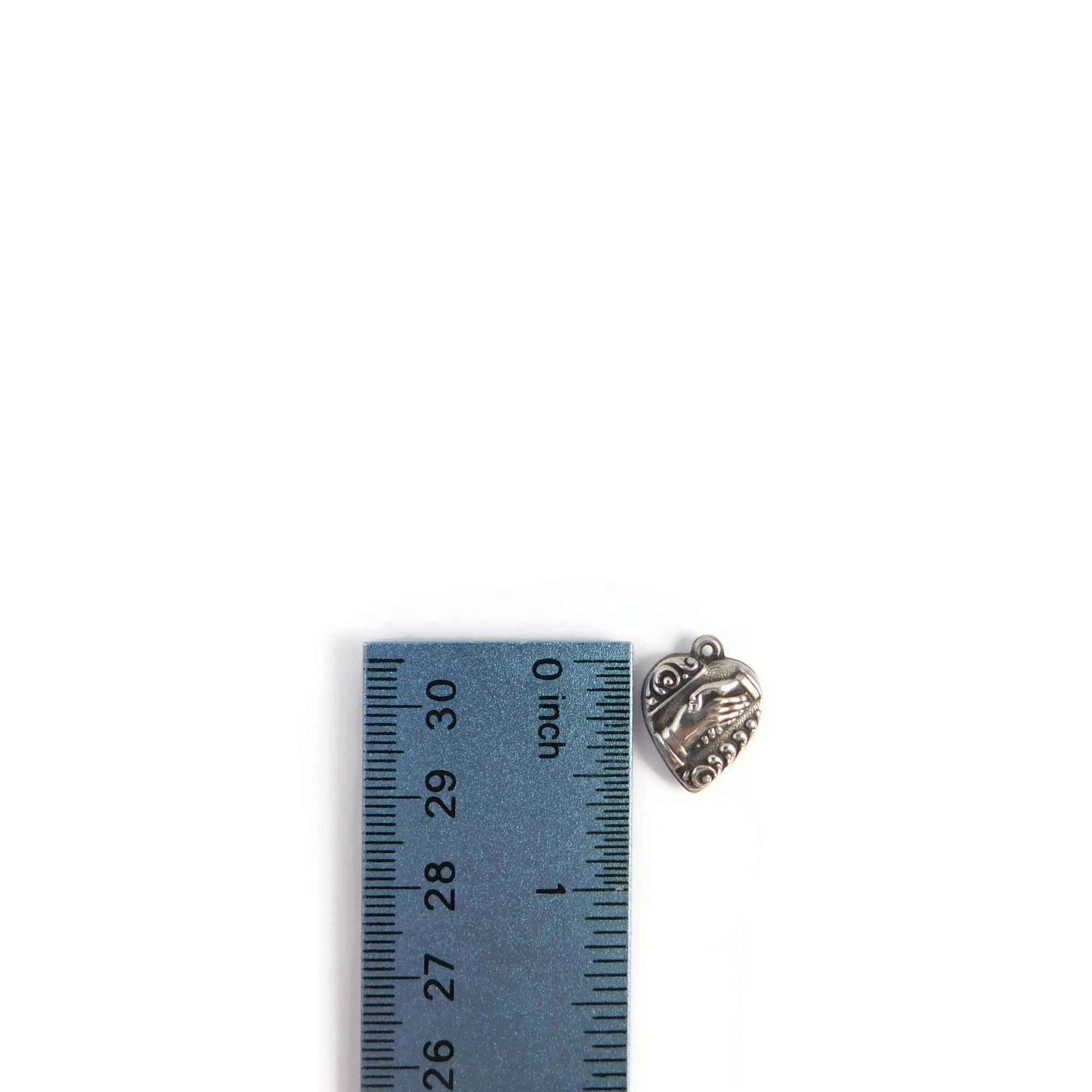 Vintage Sterling Silver Puffy Heart Charm, Holding Hands 5 heart charm holding hands with ruler for scale