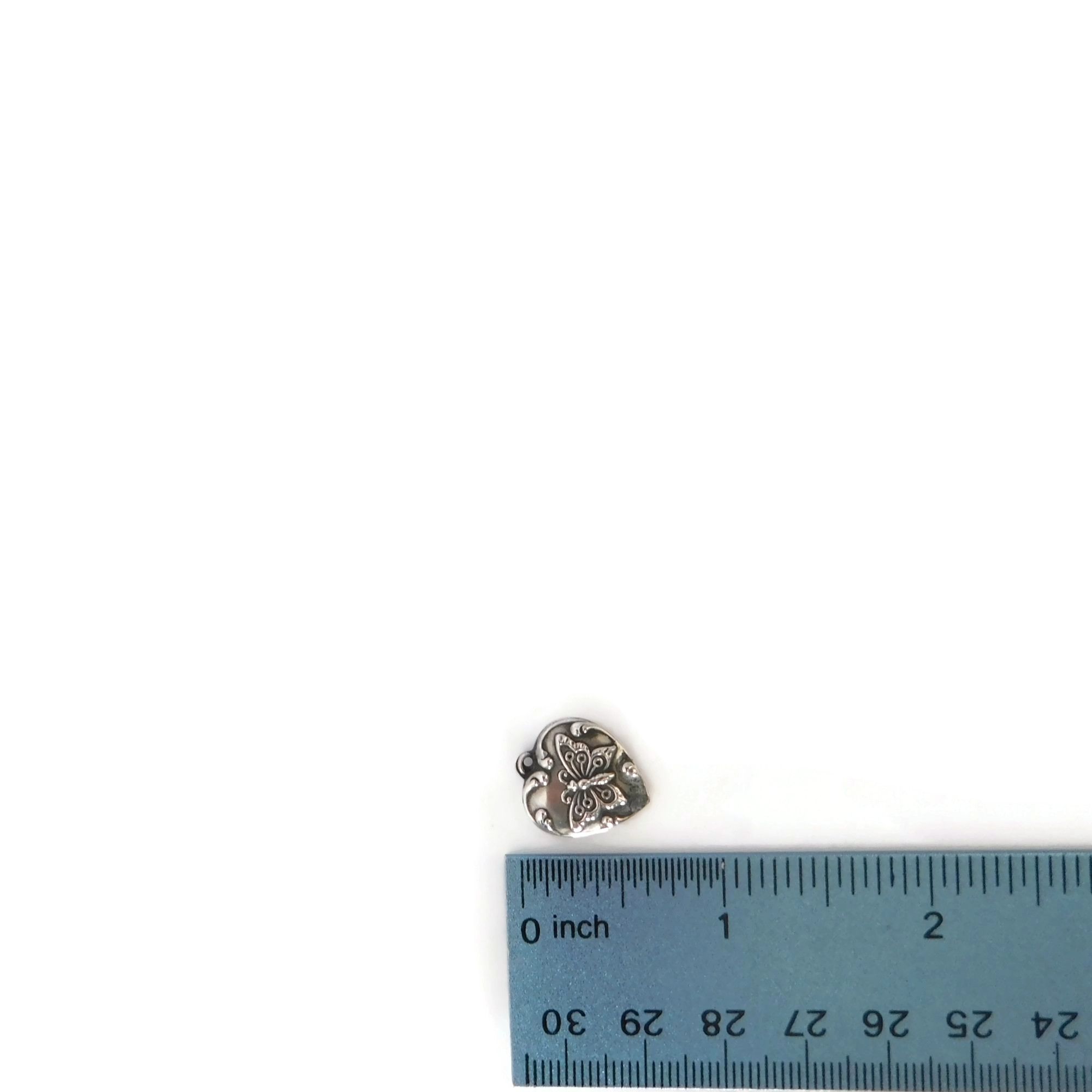Vintage Sterling Silver Heart Charm With Butterfly, Repoussé Jewelry 7 heart charm with butterfly with ruler for scale