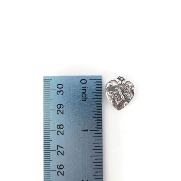 Vintage Sterling Silver Heart Charm With Butterfly, Repoussé Jewelry 10 heart charm with butterfly with ruler for scale