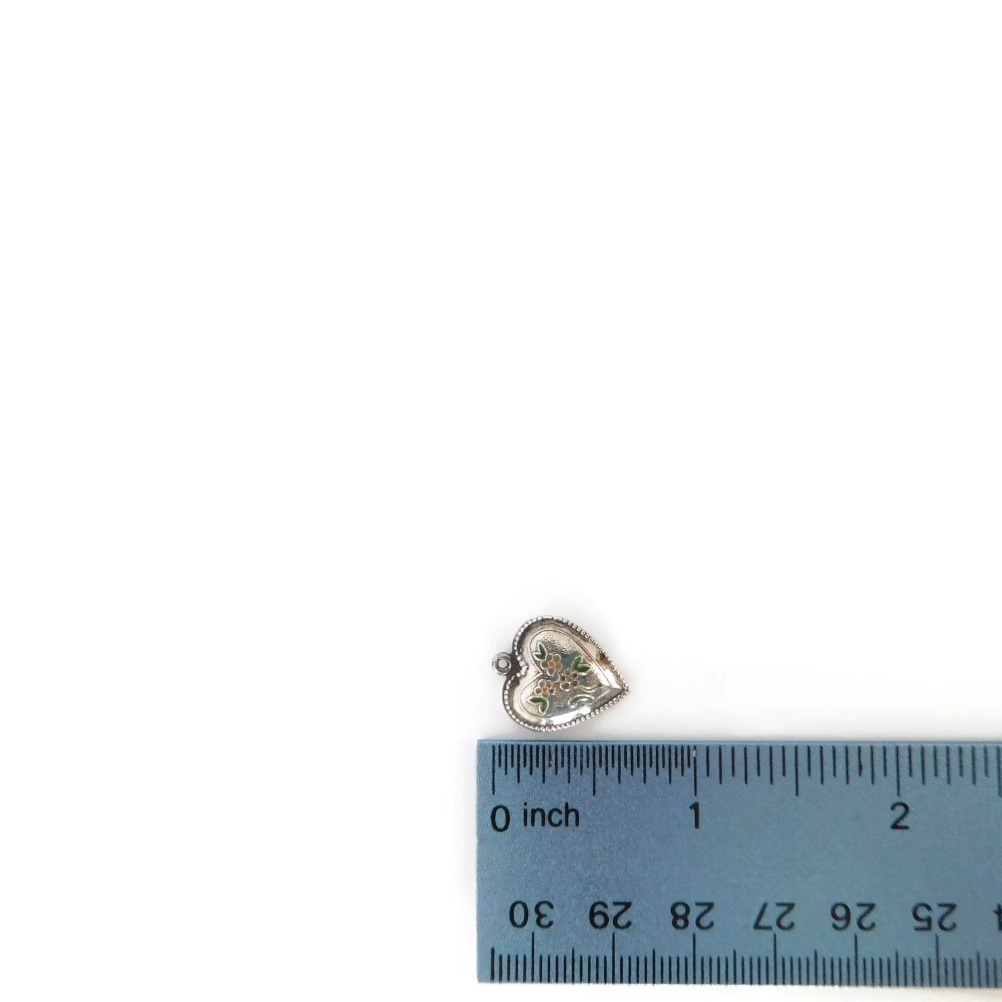 Heart Charm with Pink Flowers, Vintage Silver Enamel Jewelry 7 heart charm with pink flowers with ruler for scale