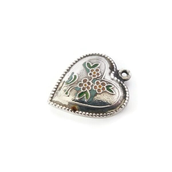 Heart Charm with Pink Flowers, Vintage Silver Enamel Jewelry 8 heart charm with pink flowers