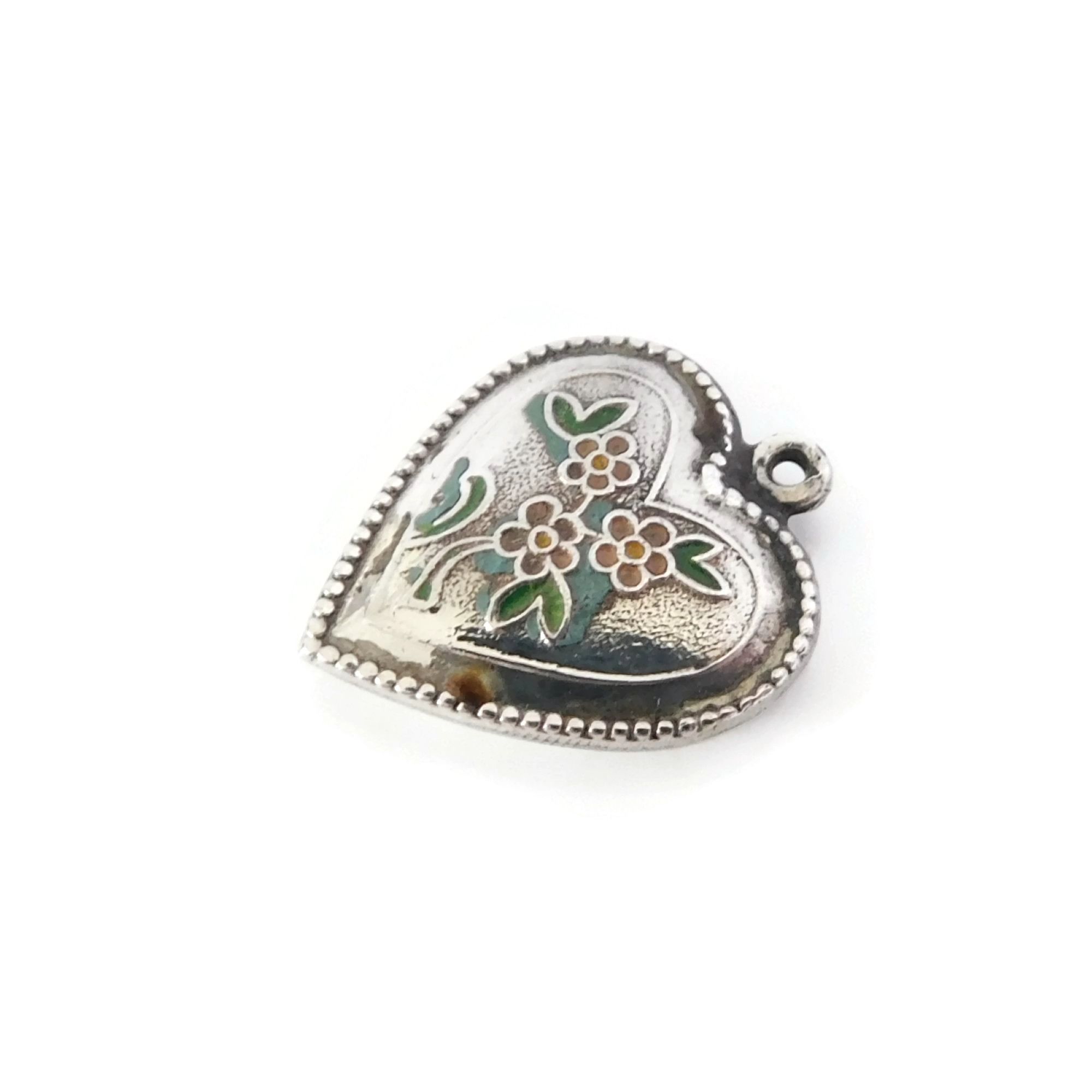 Heart Charm with Pink Flowers, Vintage Silver Enamel Jewelry 4 heart charm with pink flowers