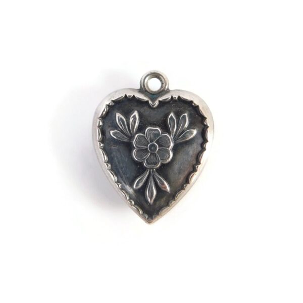 Vintage Puffy Heart Charm, Sterling Silver, Flower Design