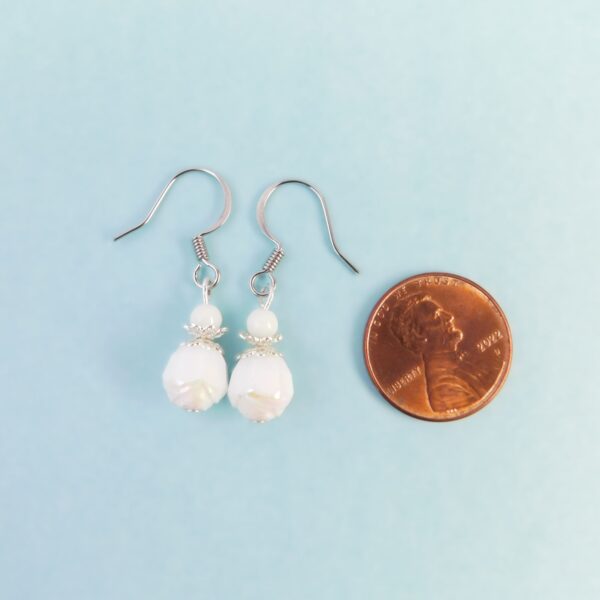 White Rose Earrings, June Birthday Flower 7 white rose earrings with penny for scale