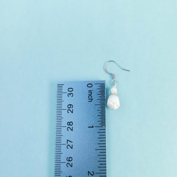 White Rose Earrings, June Birthday Flower 8 white rose earrings with ruler for scale